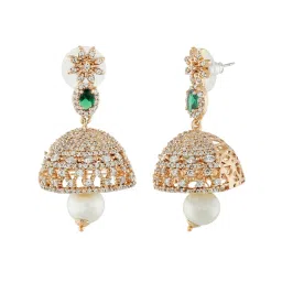 Estele Rose Gold-Plated CZ Design Jaliwala Pearl & Emerald Crystals Jhumki Earrings image 3