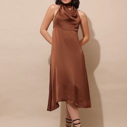 PURVAJA Women Choker Neck Satin Sheen Backless A-Line Midi Dress-image-29