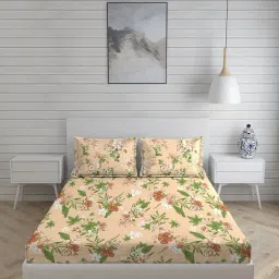 Layers Arizona Floral Beige 104 TC Cotton Queen Bed Sheet with 2 Pillow Covers-image-28