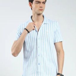 Monte Carlo Blue Regular Fit Striped Shirt-image-77