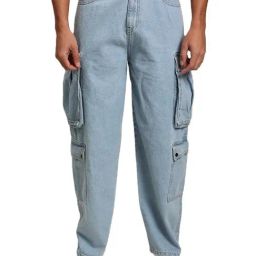 Bene Kleed Blue Cotton Loose fit Solid Cargo Jeans-image-67