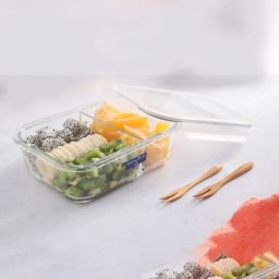 NATURALLY YOURS Transparent Glass Rectangle 2 Dividers Container With Pp Clear Lid 980 ml image 1