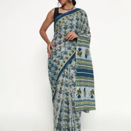 Zari Jaipur Lightblue Cotton Regular Fit Print Saree-picture-12