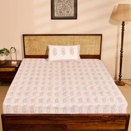 Fabindia Standalone Beige Cotton Printed 180 TC Single Bedsheet with 1 Pillow Cover-image-53