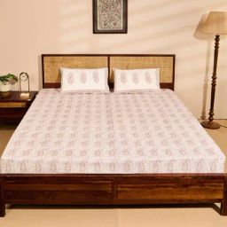 Fabindia Standalone Beige Cotton Printed 180 TC King Bedsheet with 2 Pillow Covers-image-67