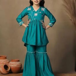 Fashion Dream Kids Turquoise Embroidered Kurti With Sharara Set-picture-27