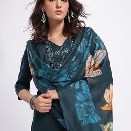 HERE&NOW Yoke Design Thread Work Kurta with Trousers & With Dupatta-image-62