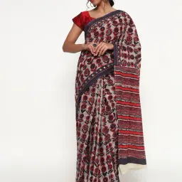 Zari Jaipur Grey Cotton Regular Fit Print Saree-image-86