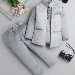Fourfolds Boys Grey Regular Fit Blazer & Trousers Set-image-90