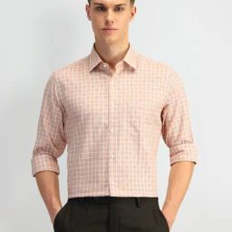 Arrow Brown Cotton Slim Fit Checks Shirt-image-95