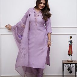 Foxent Women Solid Embroidered Cotton Kurta with Trousers & Dupatta-picture-47