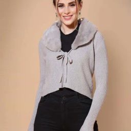 Mafadeny Grey Plain Cropped Cardigan-image-19