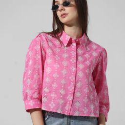 Only Pink Cotton Self Design Shirt-image-30