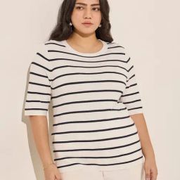 Gia by Westside Off-White Striped Knit-Textured Cotton Top-image-31