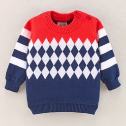 Little Folks Cotton Full Sleeves Intarsia Knit Pullover - Red Blue-image-53
