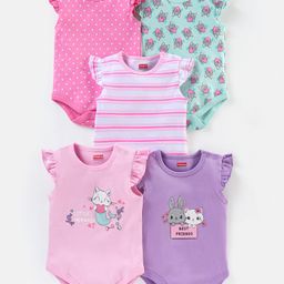 Babyhug 100% Cotton Frill Sleeves Kitty Print Onesies Pack Of 5 - Pink Purple & Green-image-40