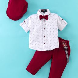 Robo Fry Cotton Lycra DC Full Sleeves Shirt & Pants Set With Suspender & Bow Abstract Print - White & Maroon-image-42