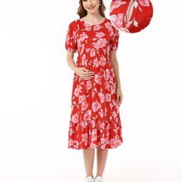 Bella Mama Half Sleeve Maternity Dress With Pocket Floral Print - Red-picture-10