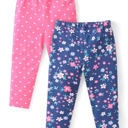 Babyhug Cotton Lycra Full Length Leggings with Floral & Polka Dots Print Pack Of 2 - Pink & Navy Blue-image-81