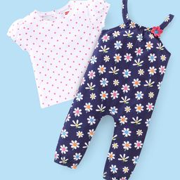 Babyhug Single Jersey Knit Floral Print Dungaree & Half Sleeves T-Shirt Polka Dot Print - Navy Blue & White-image-38