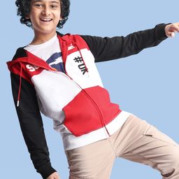 Pine Kids Cotton Knit Full Sleeves Hooded Sweatjacket With Cut & Sew Design & Text Print - Red & White-image-54
