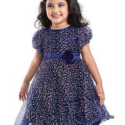 Babyhug Woven Half Balloon Sleeves Fit & Flared Sequined Frock with Floral Applique - Navy Blue-image-64