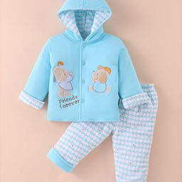 Child World Cotton Knit Full Sleeves Hooded Winter Wear Suit With Teddy & Puppy Friends Applique - Blue-picture-6