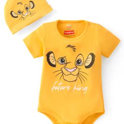 Babyhug Disney Interlock Cotton Knit Half Sleeves Onesie with Lion King Graphic & Cap - Yellow-image-74