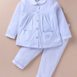 Teddy Sinker Knit Full Sleeves Collared Night Suit With Stripes & Pockets Detailing - Sky Blue-image-58