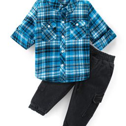 Babyhug Cotton Woven Full Sleeves Checks Shirt & Denim Jeans Set - Blue & Black-image-68