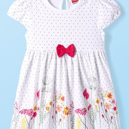 Babyhug Single Jersey Knit Half Sleeves Frock With Polka Dot & Floral Print & Bow Applique - White-picture-14