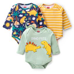 Babyhug 100% Cotton Knit Full Sleeves Onesies Striped & Dino Print  Pack of 3 - Navy & Yellow-image-93
