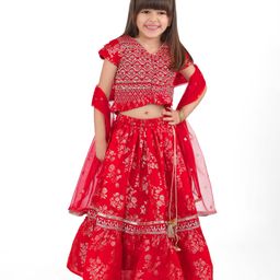 Babyhug Woven Half Cap Sleeves Sequinned & Floral Embroidered Choli With Lehenga and Net Dupatta - Orange-image-62