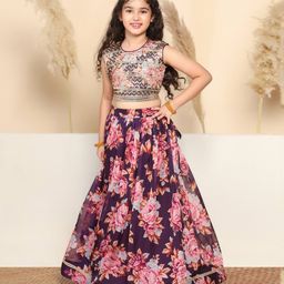 Fashion Dream Sleeveless Floral Printed & Sequins Embellished Lehenga Choli Set - Violet-image-91