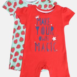 MINI KLUB Cotton Pack Of 2 Half Sleeves Strawberry & Typography Printed Rompers - Red & Green-image-46