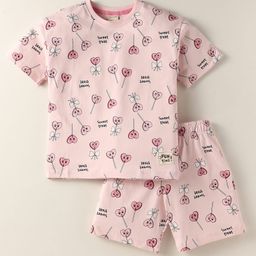 CUCUMBER Sinker Knit Half Sleeves Co-Ord Shorts Night Suit with Sweet Treat Text Print - Pink-picture-9