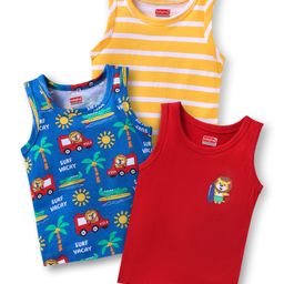 Babyhug 100% Cotton Knit Antibacterial Sleeveless Sandos with Stripes & Vehicle Print Pack of 3 - Navy Blue Red & Yellow-image-65