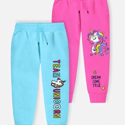 Trampoline Cotton Blend Pack Of 2 Unicorn & Typography Printed Track Pants - Blue & Pink-image-61