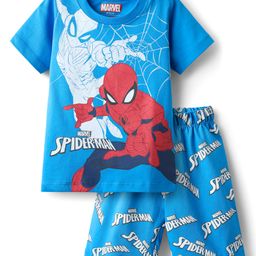 Babyhug Marvel Single Jersey Knit Half Sleeve Shorts Night Suit With Spider-Man Graphic - Blue-image-90