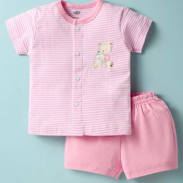 Zero Interlock Knit Half Sleeves Shorts Night Suit With Stripes & Teddy Bear Print - Peach-image-80