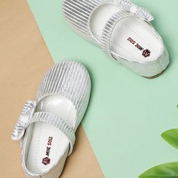 Mine Sole Foil Striped & Bow Designed Mary Jane Ballerinas - White-image-88