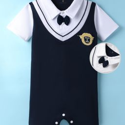 Mark& Mia Cotton Knit Half Sleeves Rompers with Bow Applique - Navy Blue & White-23