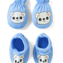 Babyhug 100% Cotton Interlock Knit Mittens & Booties Set with Bear Print - Blue-picture-15