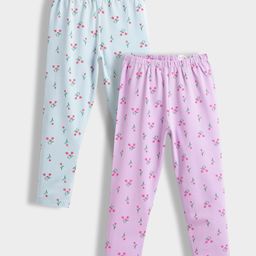 Orange Sugar Cotton Lycra Knit Pack Of 2 Tulips Printed Stretchable Leggings - Sky Blue & Light Lavender-image-1