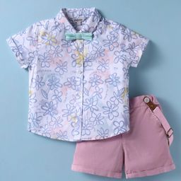 ToffyHouse Poplin Woven Half Sleeves Floral Printed Shirt & Shorts Set With Bow & Suspender - Lavender-picture-18