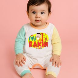 The Peppy Tend 100% Cotton Knit Raksha Bandhan Theme Full Sleeves My 1st Rakhi Text Printed Romper - Multi Colour-image-71