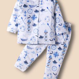 ToffyHouse 100% Cotton Knit Full Sleeves Co-Ord Night Suit with Sea Theme Print - White & Light Blue-picture-42