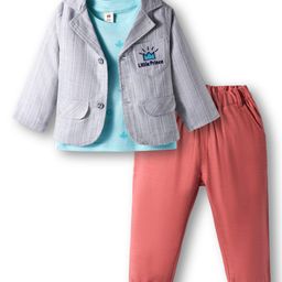 ToffyHouse Poplin Woven Full Sleeves Blazer with T-Shirt & Trouser with Text Embroidery - Grey & Maroon-picture-33