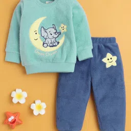 BUMZEE Cotton Blend Knit Full Sleeves Elephant On Moon Embroidered Light Winter Sweatshirt & Jogger Set- Sea Green & Blue-picture-18