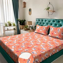 KLOTTHE Orange-Coloured Printed Pure Cotton 400 TC Double Bedsheet Set 2.5 m x 2.25 m-12